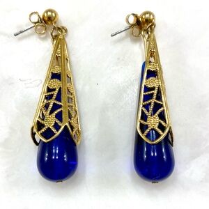Vintage Avon Gold Filigree Earrings with Cobalt Blue Drops